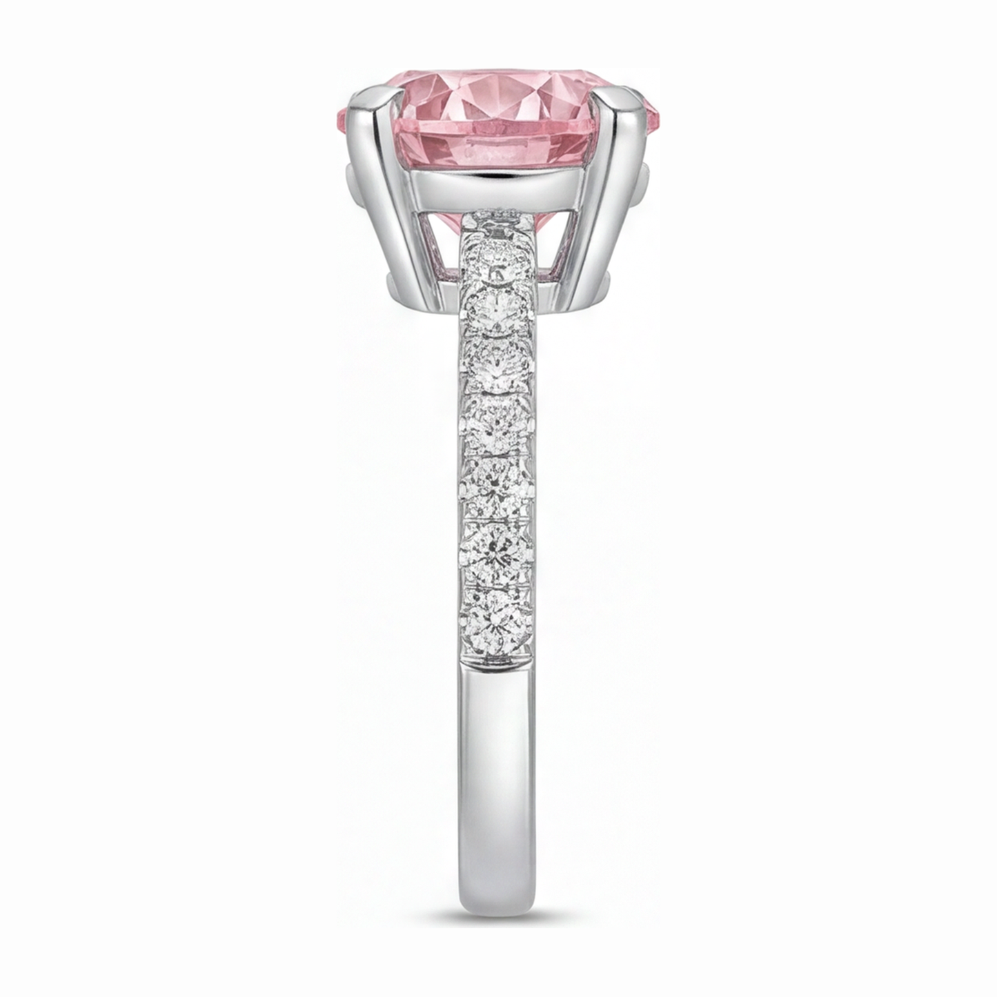 Verlobungsring mit rosa Diamant, 3,5 Karat, im Labor gezüchtet, rund, Pavé, Kathedralfassung, 14 Karat Weißgold