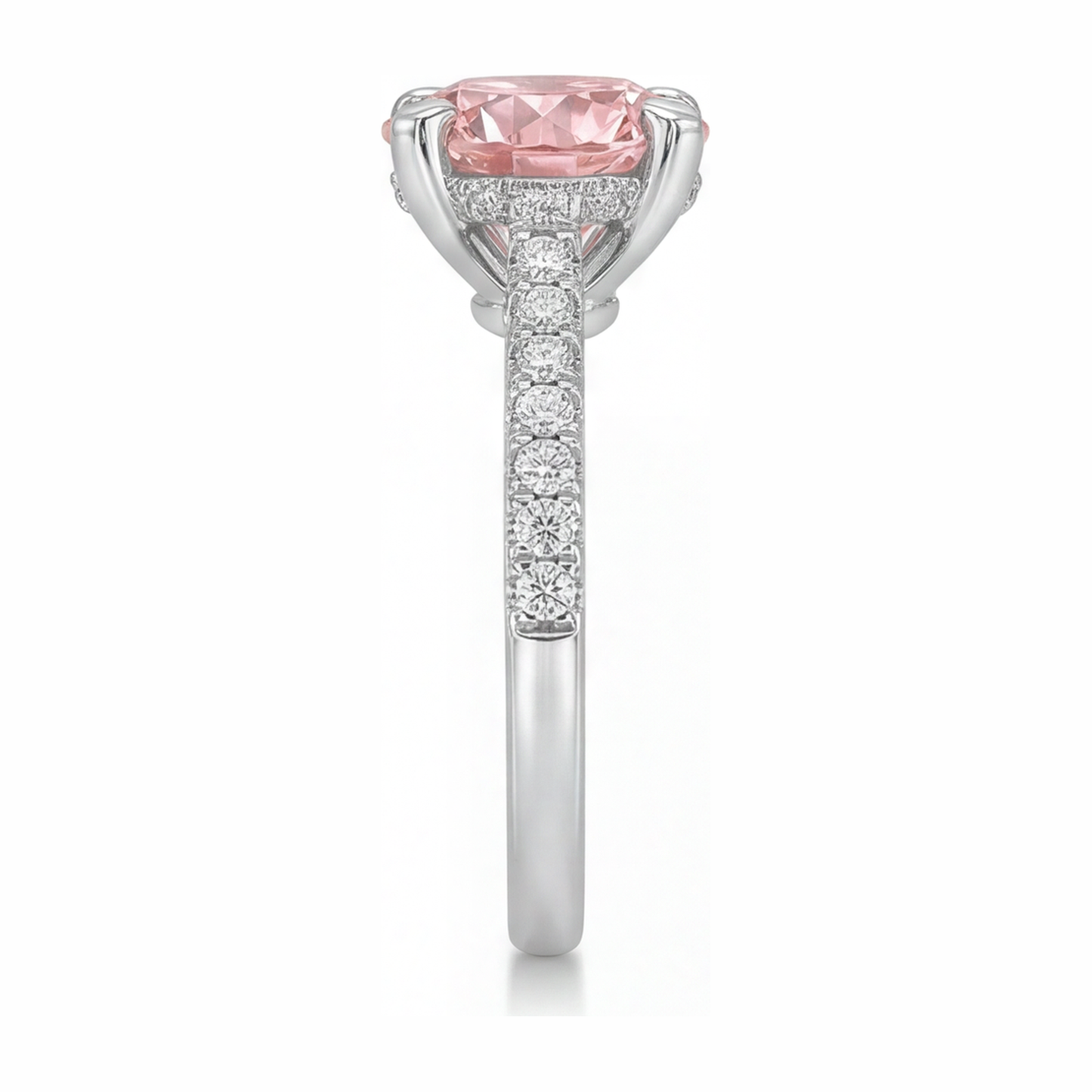 Rosa Diamantring, 3,5 Karat, im Labor gezüchtet, rund, Pavé, 14 Karat Weißgold