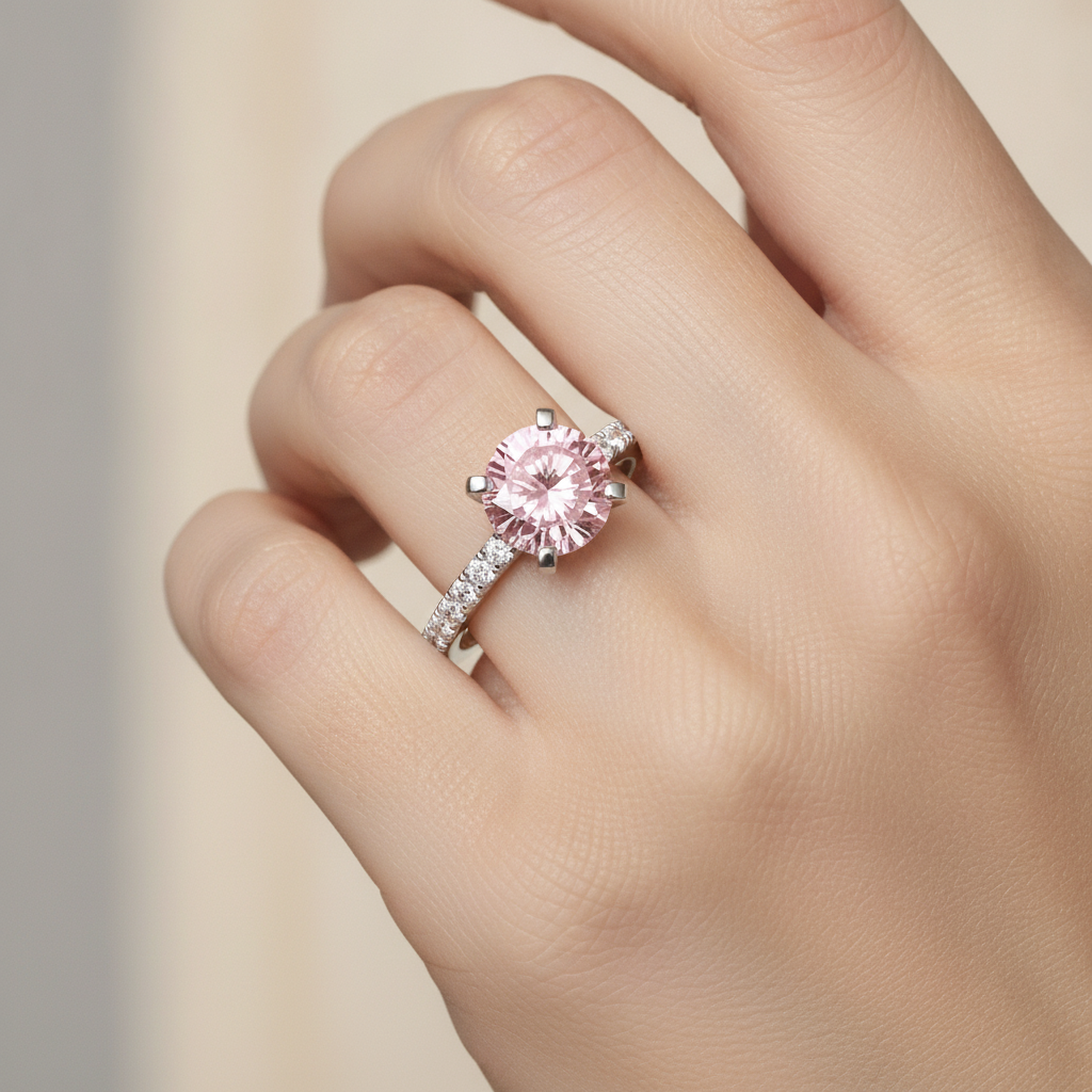 Verlobungsring mit rosa Diamant, 3,5 Karat, im Labor gezüchtet, rund, Pavé, Kathedralfassung, 14 Karat Weißgold