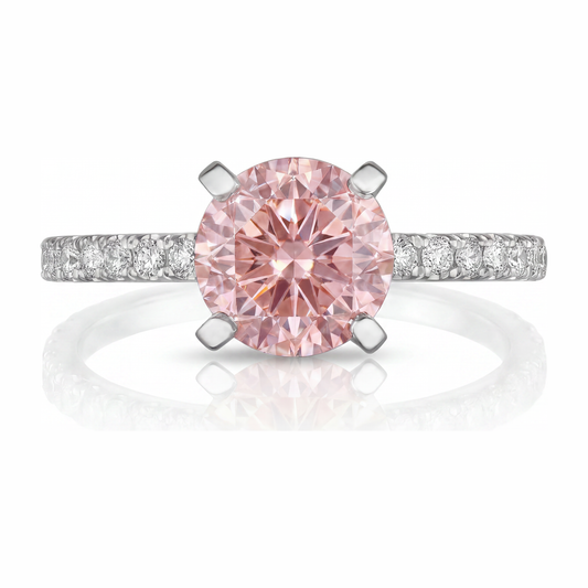 Rosa Diamantring, 3,5 Karat, im Labor gezüchtet, rund, Pavé, 14 Karat Weißgold