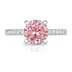 Verlobungsring mit rosa Diamant, 3,5 Karat, im Labor gezüchtet, rund, Pavé, Kathedralfassung, 14 Karat Weißgold