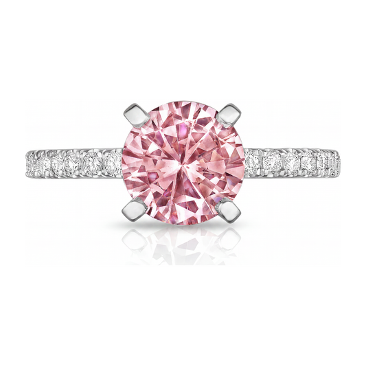 Verlobungsring mit rosa Diamant, 3,5 Karat, im Labor gezüchtet, rund, Pavé, Kathedralfassung, 14 Karat Weißgold