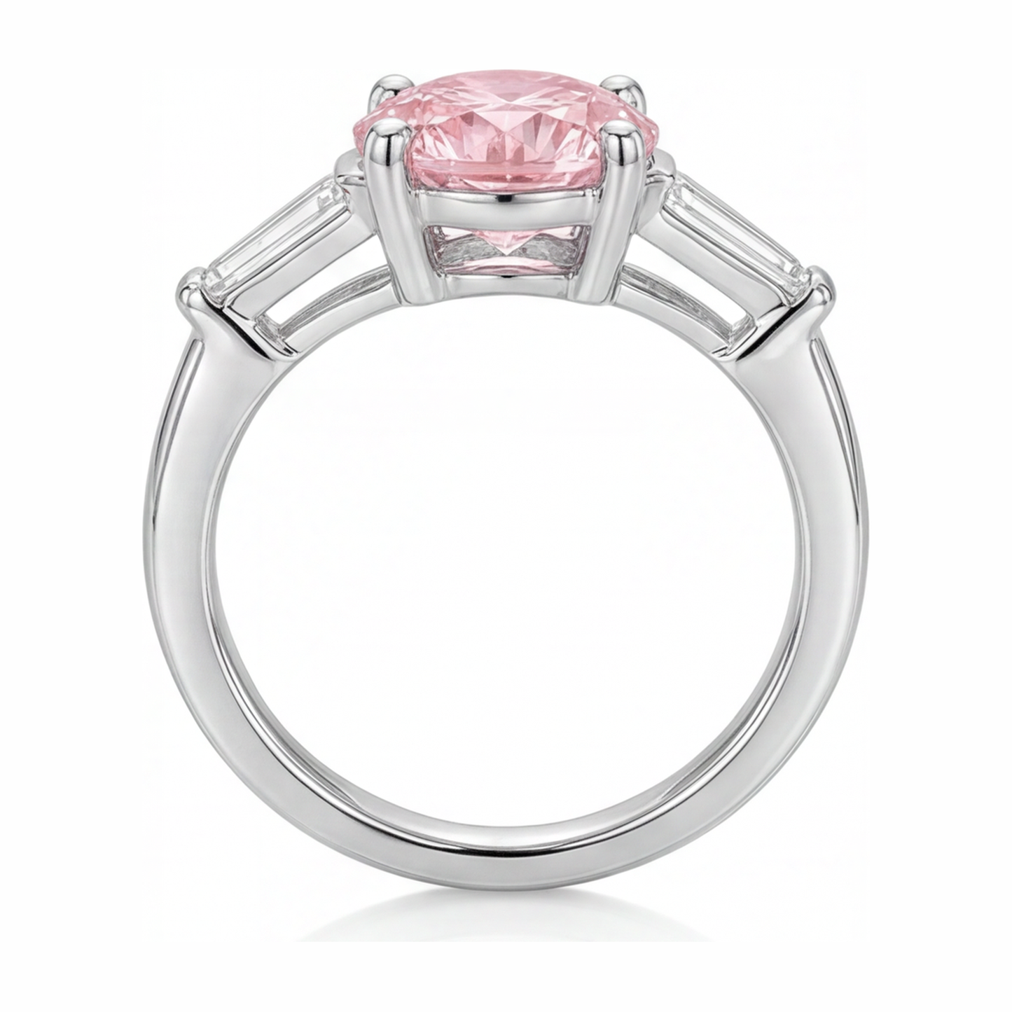 Ring mit pinkfarbenem Diamanten, 3,5 Karat, im Labor gezüchtet, rund, Dreistein, 14 Karat Weißgold