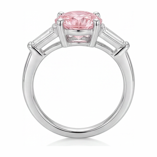 Ring mit pinkfarbenem Diamanten, 3,5 Karat, im Labor gezüchtet, rund, Dreistein, 14 Karat Weißgold