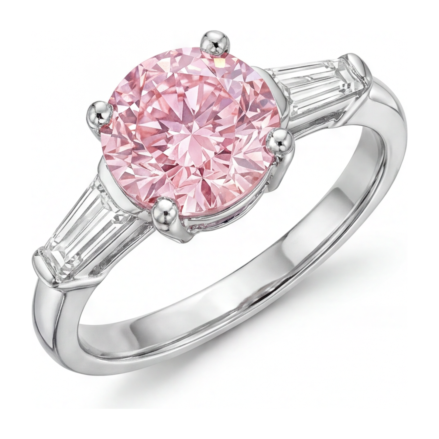 Ring mit pinkfarbenem Diamanten, 3,5 Karat, im Labor gezüchtet, rund, Dreistein, 14 Karat Weißgold