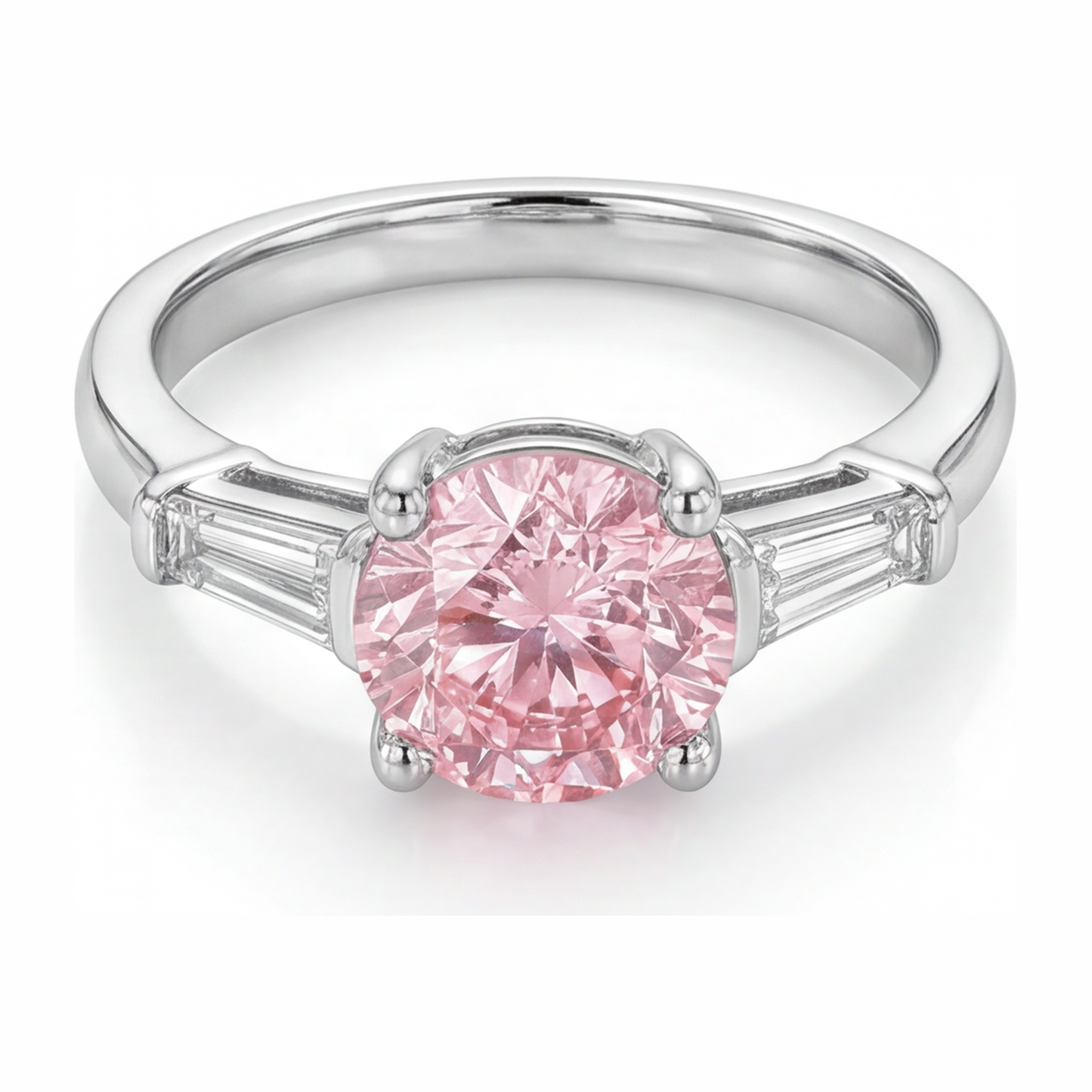 Ring mit pinkfarbenem Diamanten, 3,5 Karat, im Labor gezüchtet, rund, Dreistein, 14 Karat Weißgold