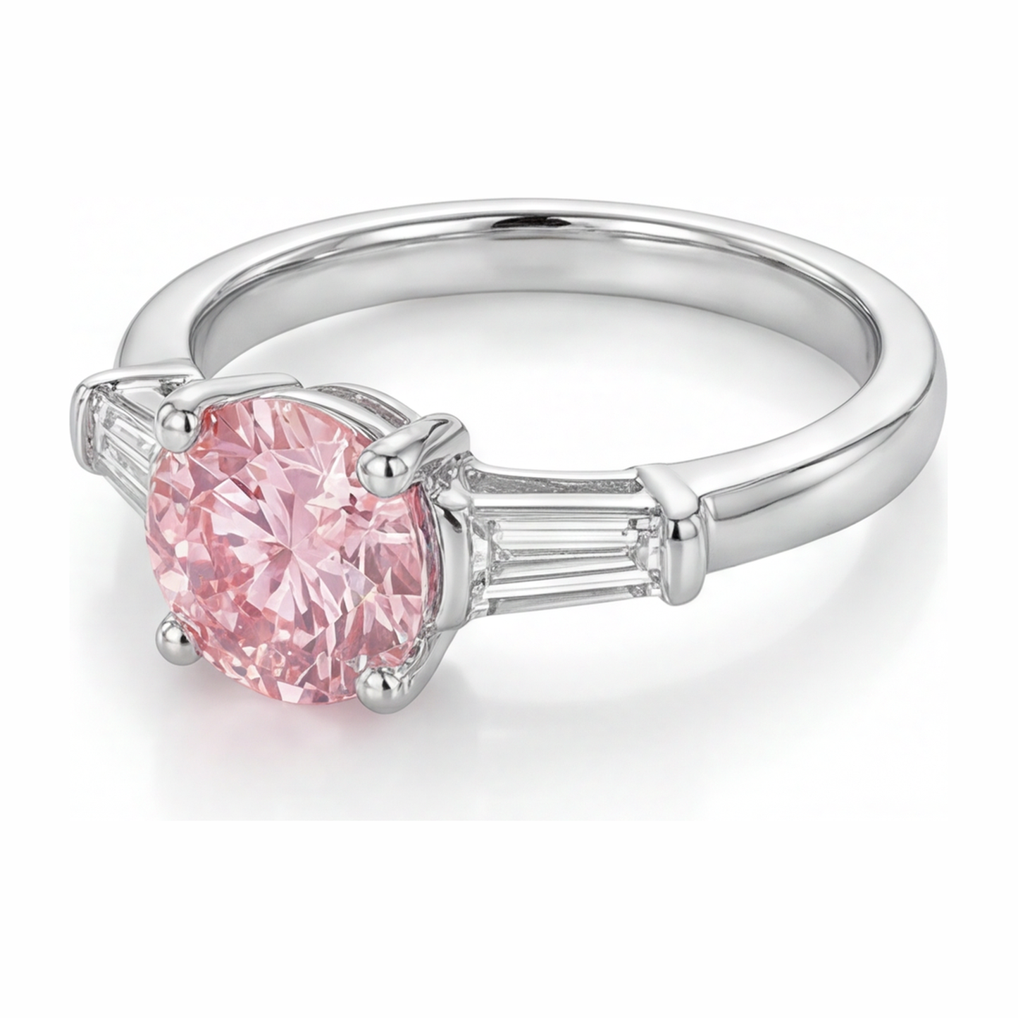 Ring mit pinkfarbenem Diamanten, 3,5 Karat, im Labor gezüchtet, rund, Dreistein, 14 Karat Weißgold