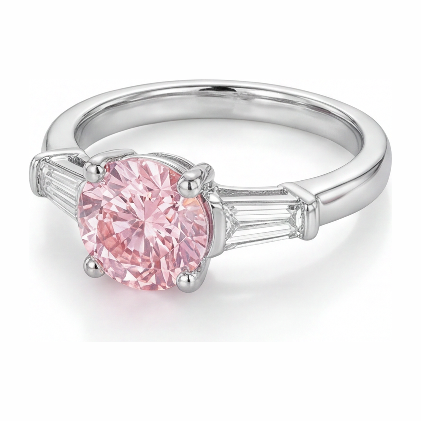 Ring mit pinkfarbenem Diamanten, 3,5 Karat, im Labor gezüchtet, rund, Dreistein, 14 Karat Weißgold