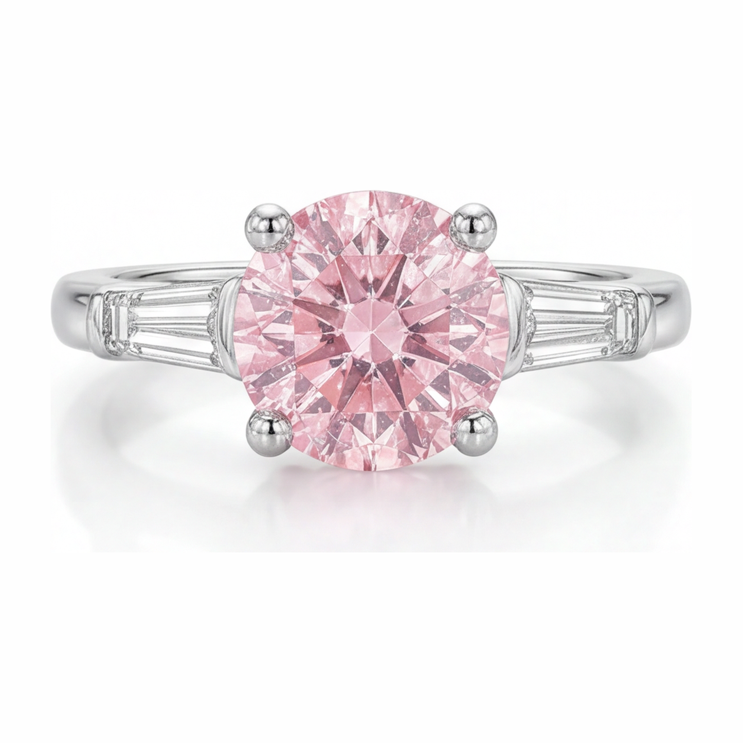 Ring mit pinkfarbenem Diamanten, 3,5 Karat, im Labor gezüchtet, rund, Dreistein, 14 Karat Weißgold