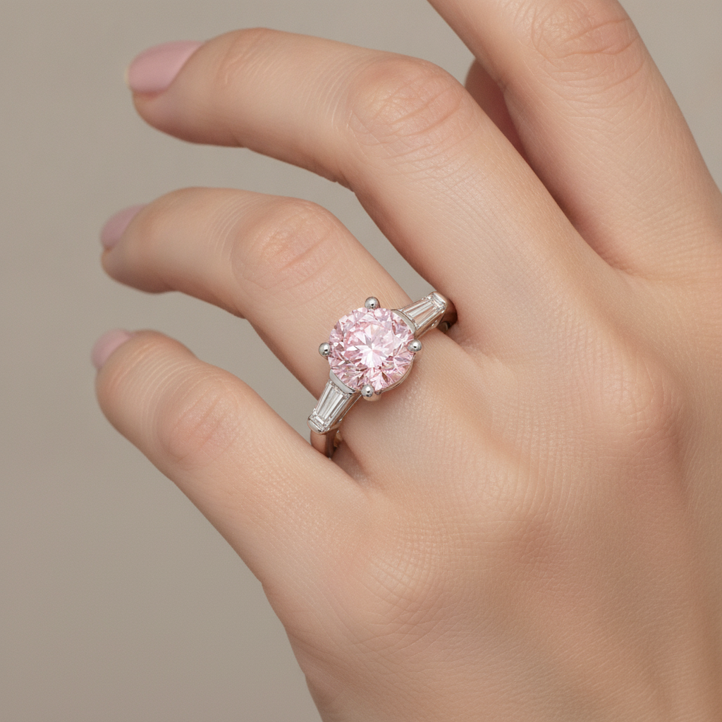 Ring mit pinkfarbenem Diamanten, 3,5 Karat, im Labor gezüchtet, rund, Dreistein, 14 Karat Weißgold