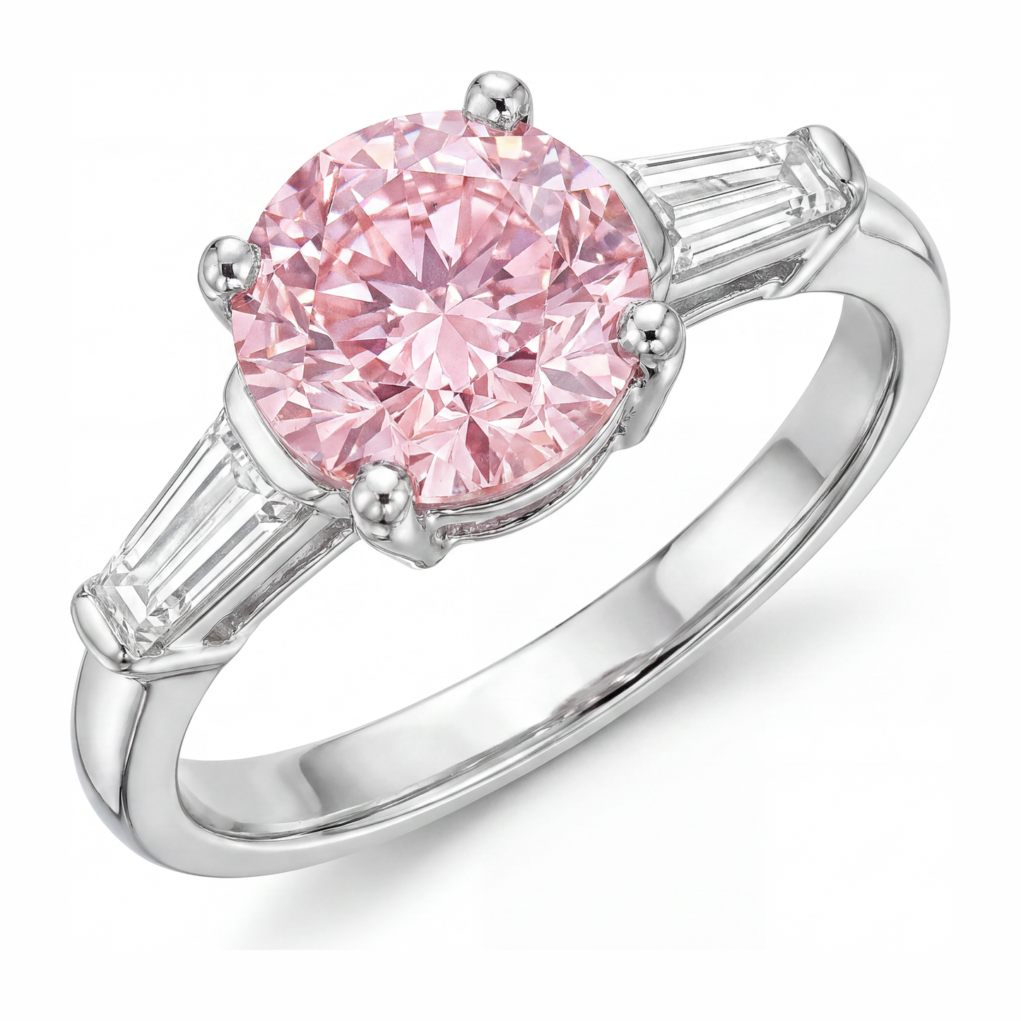 Ring mit pinkfarbenem Diamanten, 3,5 Karat, im Labor gezüchtet, rund, Dreistein, 14 Karat Weißgold