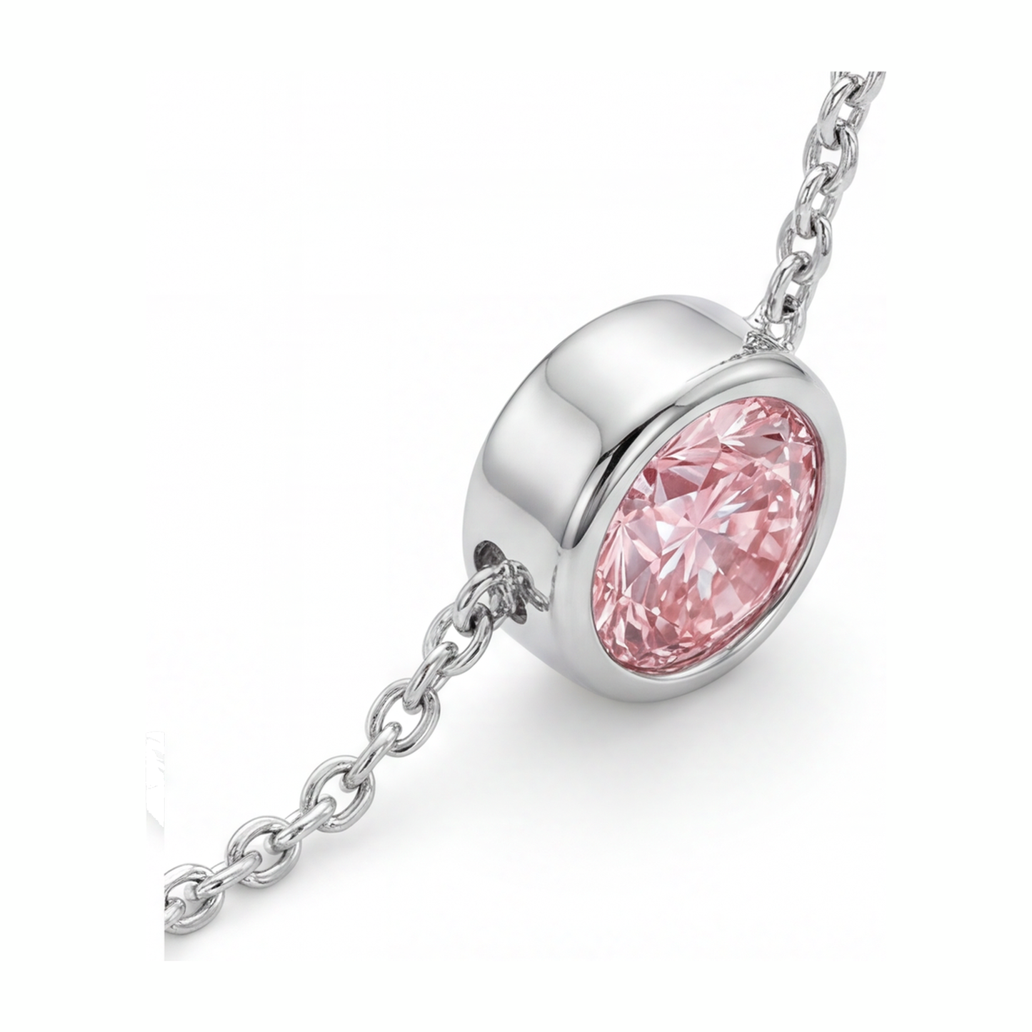 Halskette mit rosa Diamant, 3,5 Karat, im Labor gezüchtet, runder Lünette-Anhänger, 14 Karat Weißgold