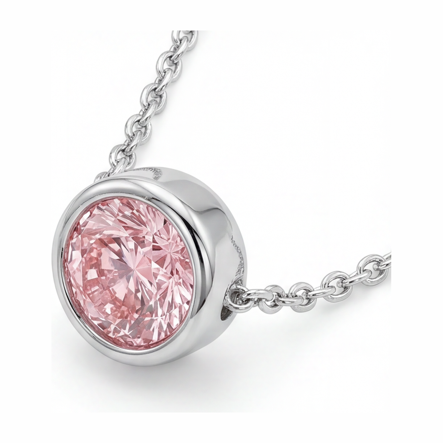 Halskette mit rosa Diamant, 3,5 Karat, im Labor gezüchtet, runder Lünette-Anhänger, 14 Karat Weißgold