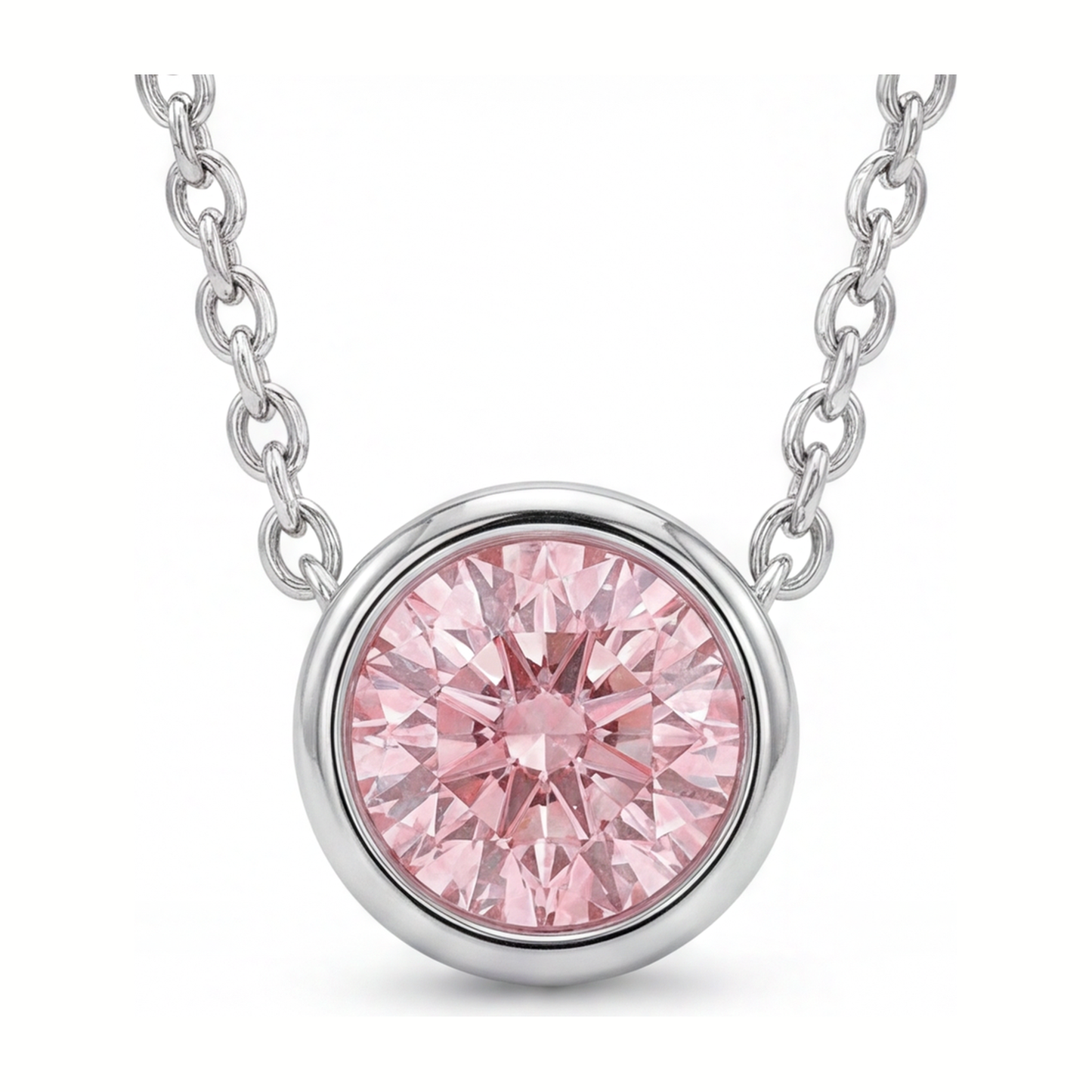 Halskette mit rosa Diamant, 3,5 Karat, im Labor gezüchtet, runder Lünette-Anhänger, 14 Karat Weißgold