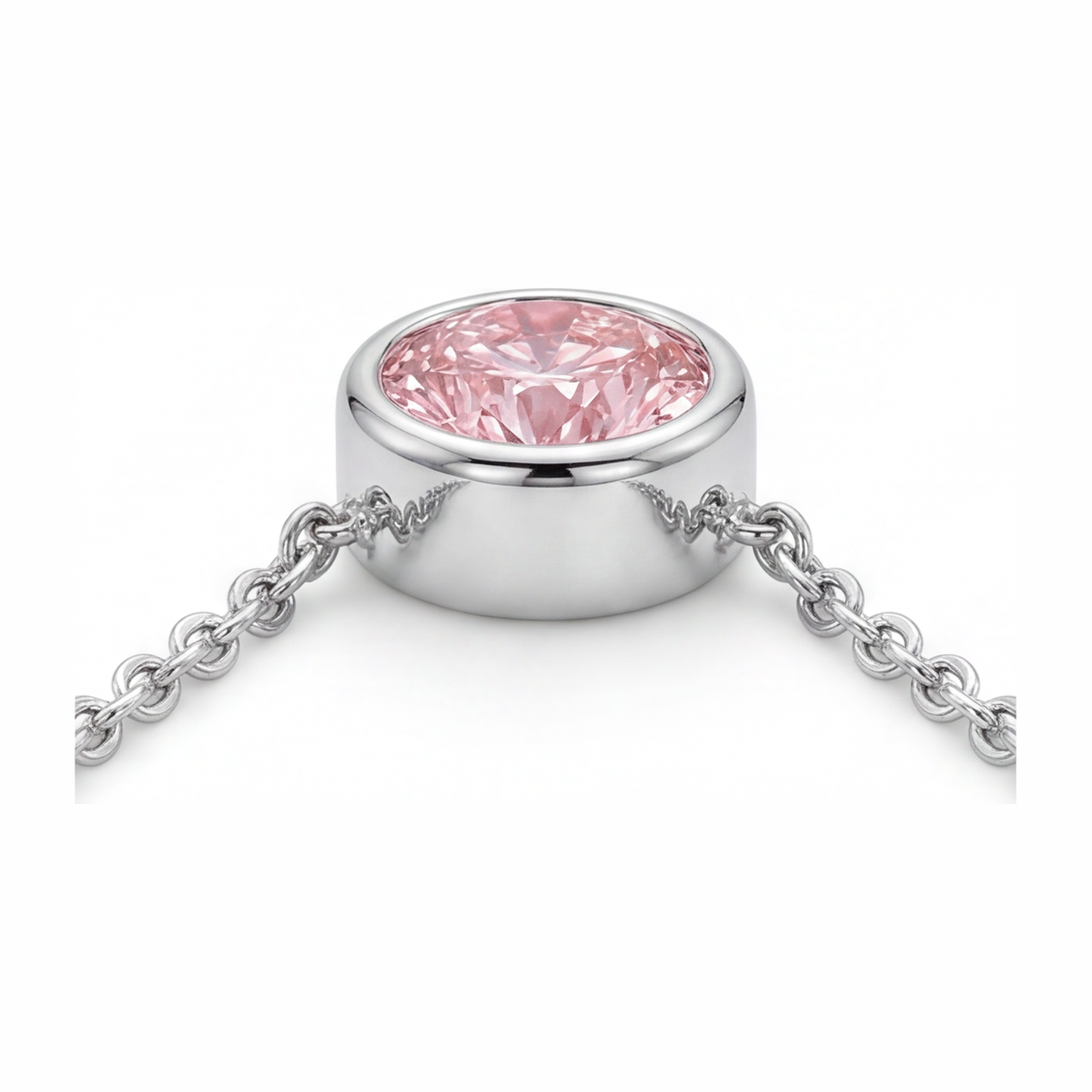 Halskette mit rosa Diamant, 3,5 Karat, im Labor gezüchtet, runder Lünette-Anhänger, 14 Karat Weißgold