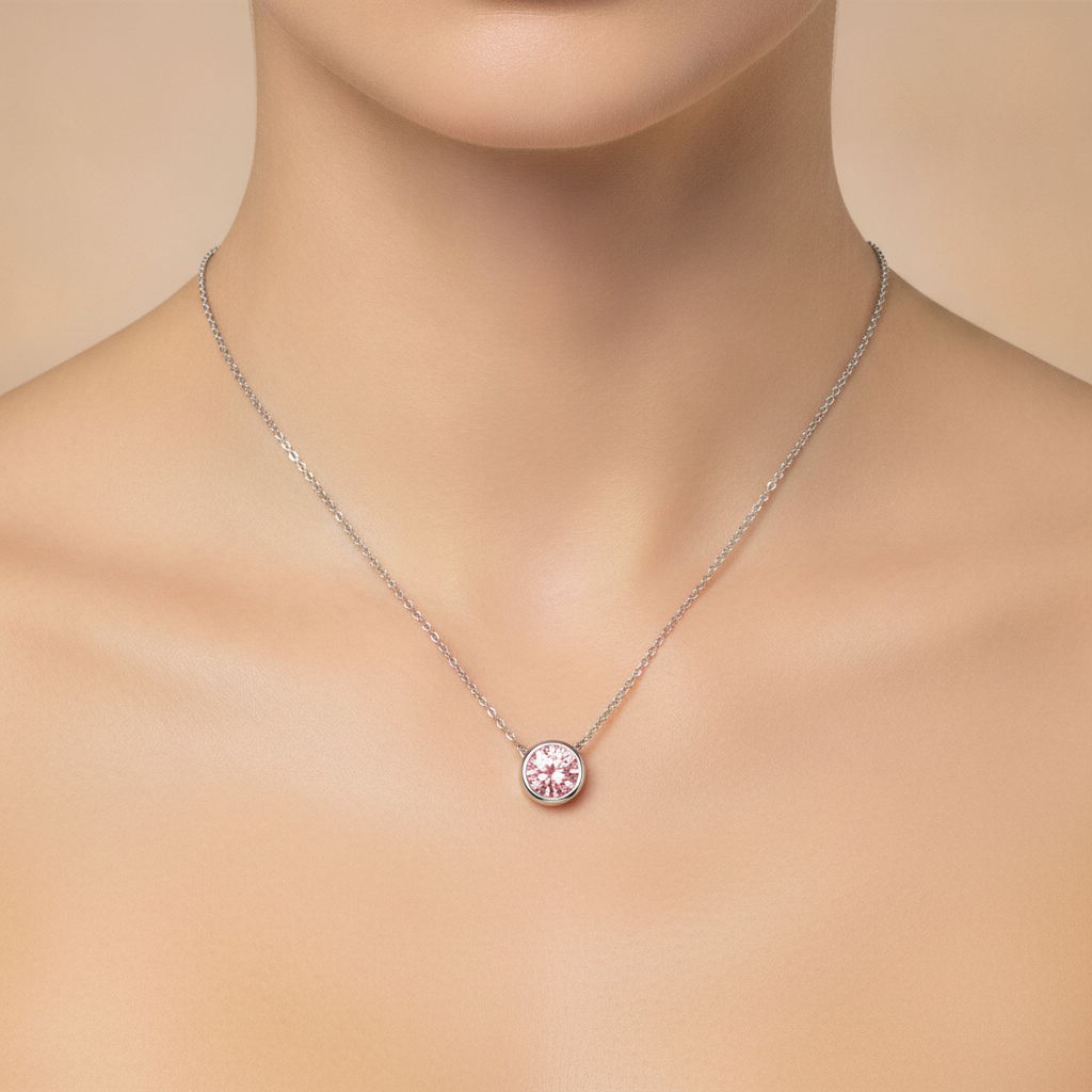 Halskette mit rosa Diamant, 3,5 Karat, im Labor gezüchtet, runder Lünette-Anhänger, 14 Karat Weißgold