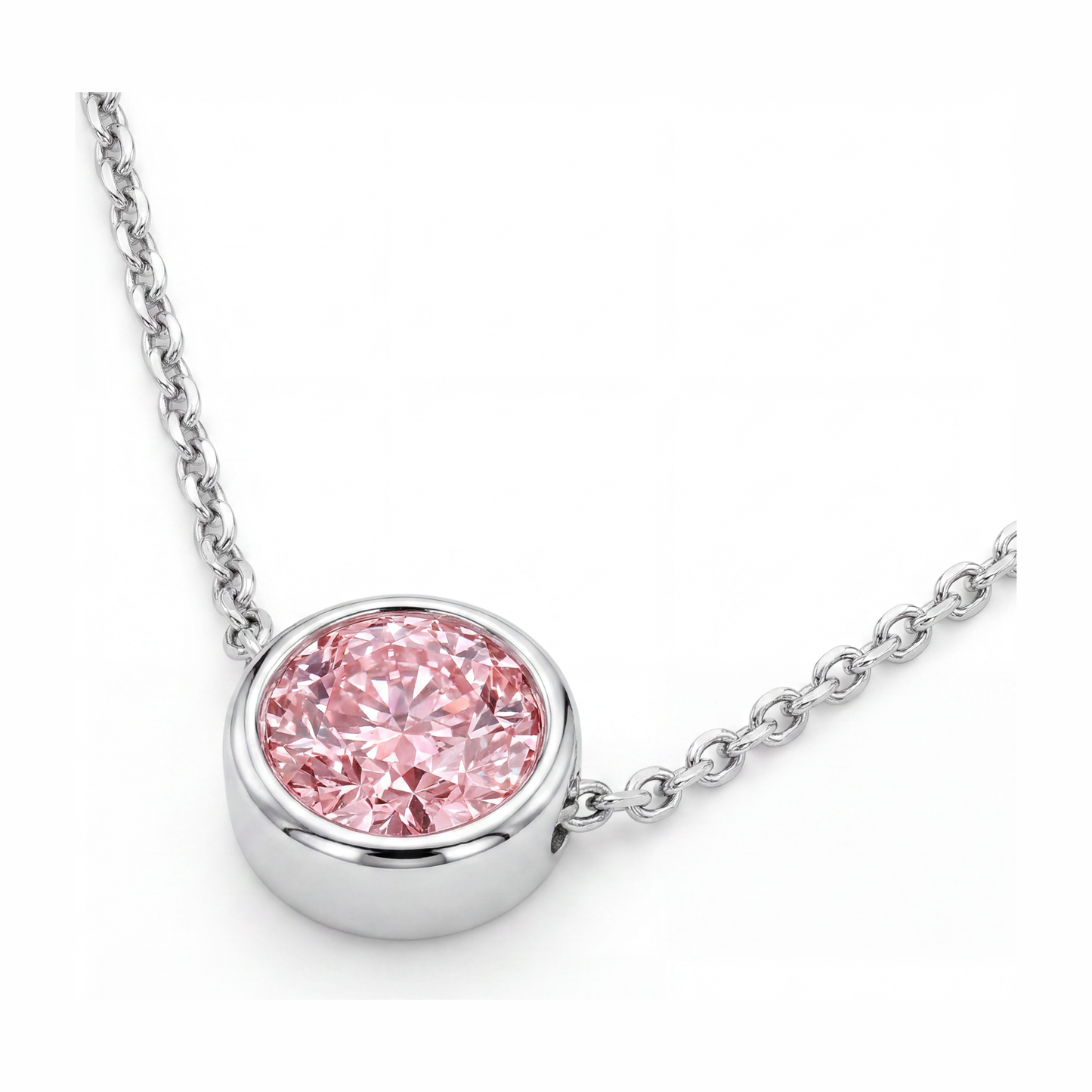 Halskette mit rosa Diamant, 3,5 Karat, im Labor gezüchtet, runder Lünette-Anhänger, 14 Karat Weißgold