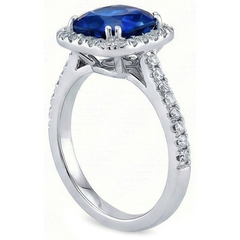 3.50 Karat Ceylon Blauer Saphir Halo Aus der Erde Abgebauter Natürlicher Diamanten Ring Weißgold 14K