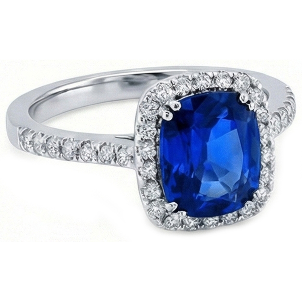 3.50 Karat Ceylon Blauer Saphir Halo Aus der Erde Abgebauter Natürlicher Diamanten Ring Weißgold 14K