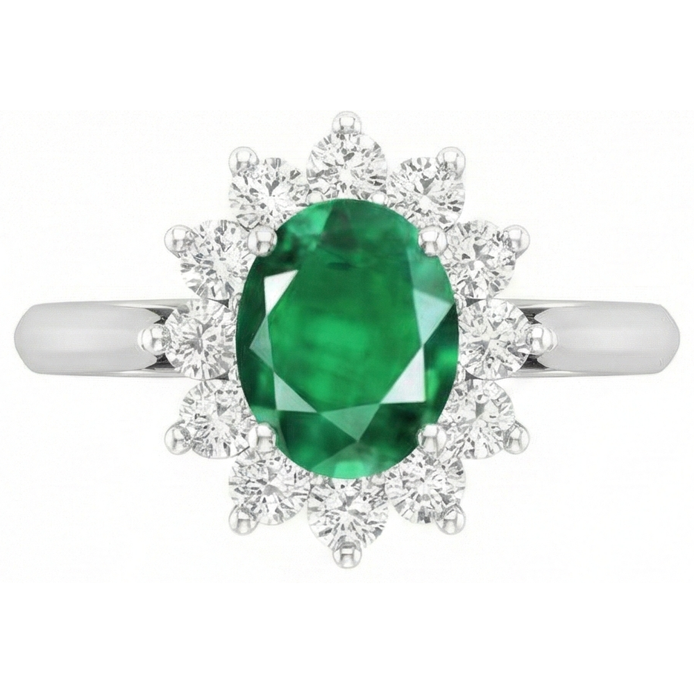 3.50 Karat Grüner Smaragd mit Aus der Erde Abgebauter Natürlicher Diamanten Halo Ring Weißgold 14K