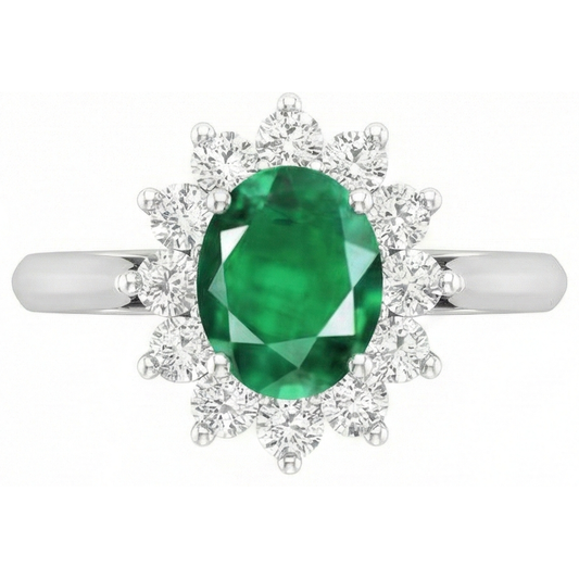3.50 Karat Grüner Smaragd mit Aus der Erde Abgebauter Natürlicher Diamanten Halo Ring Weißgold 14K