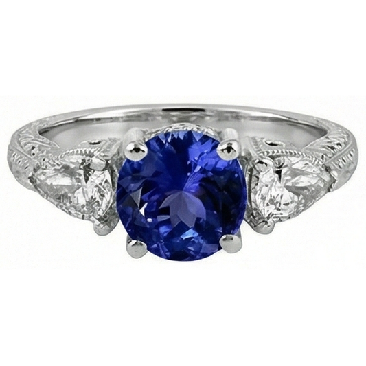 3.50 Karat Ring runder Tansanit und Trillion Aus der Erde Abgebauter Natürlicher Diamanten 3-Stein-Schmuck