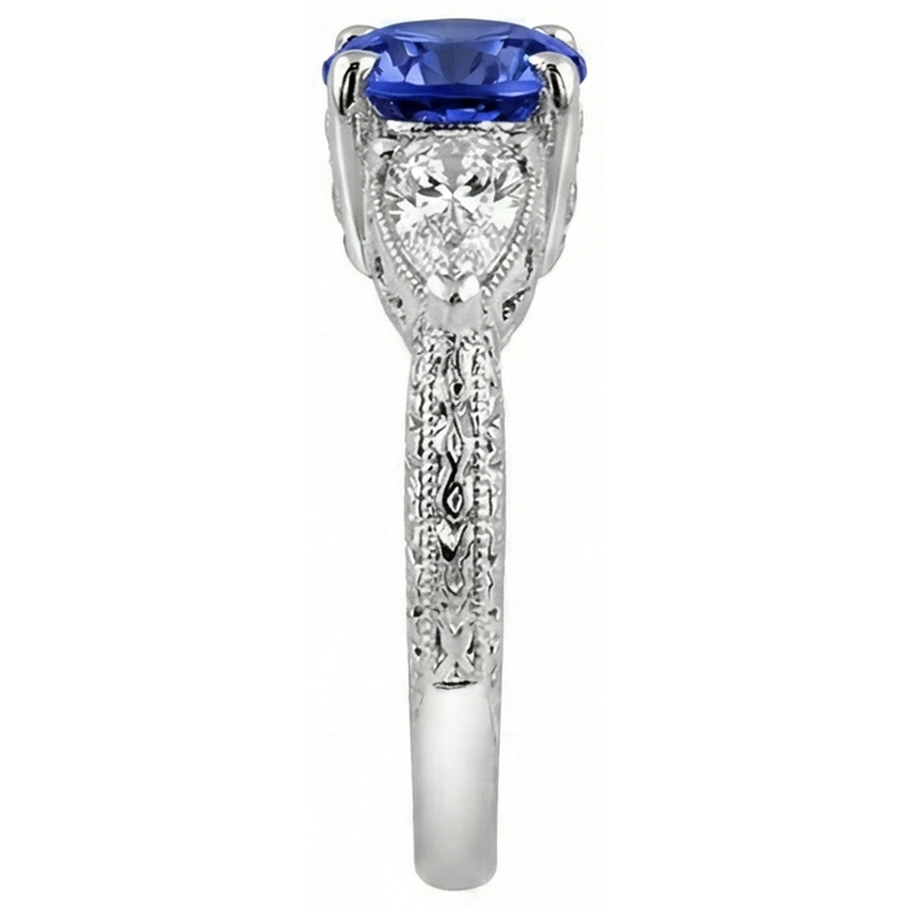 3.50 Karat Ring runder Tansanit und Trillion Aus der Erde Abgebauter Natürlicher Diamanten 3-Stein-Schmuck