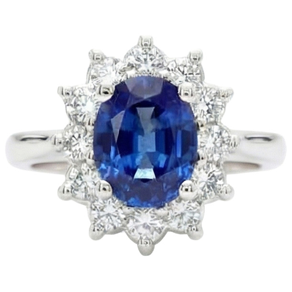 3.60 Karat Blauer Saphir Und Aus der Erde Abgebauter Natürlicher Diamant Ring Blumenstil Weißgold 14K