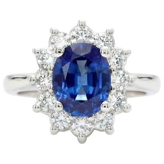 3.60 Karat Blauer Saphir Und Aus der Erde Abgebauter Natürlicher Diamant Ring Blumenstil Weißgold 14K