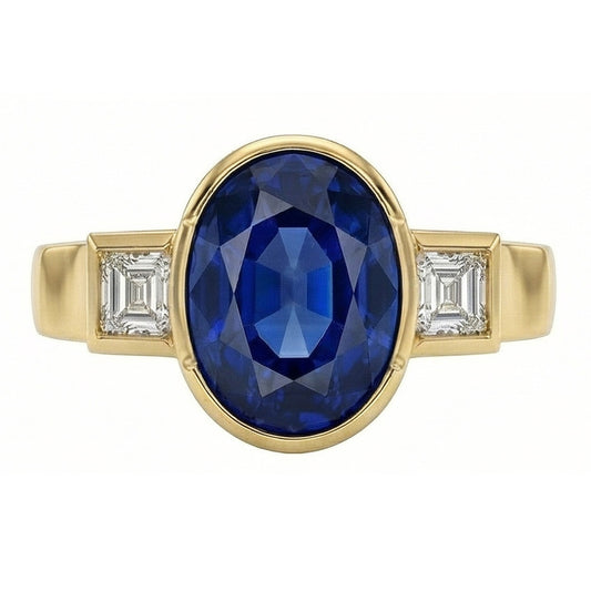 3.61 ct Aus der Erde Abgebauter Natürlicher Diamanten 3-Stein Sri Lanka Blauer Saphir-Lünettenring