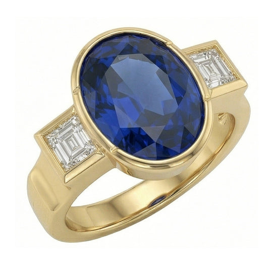 3.61 ct Aus der Erde Abgebauter Natürlicher Diamanten 3-Stein Sri Lanka Blauer Saphir-Lünettenring