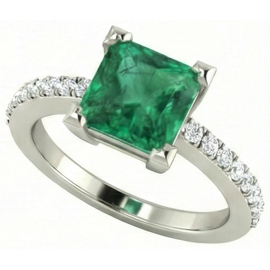3.65 ct grüner Smaragd mit Aus der Erde Abgebauter Natürlicher Diamantring Weißgold 14K