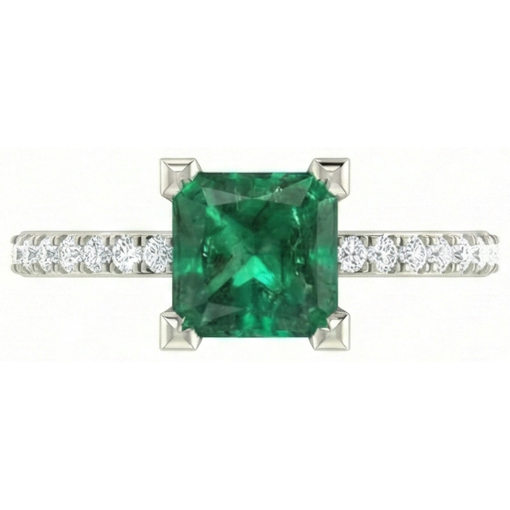 3.65 ct grüner Smaragd mit Aus der Erde Abgebauter Natürlicher Diamantring Weißgold 14K