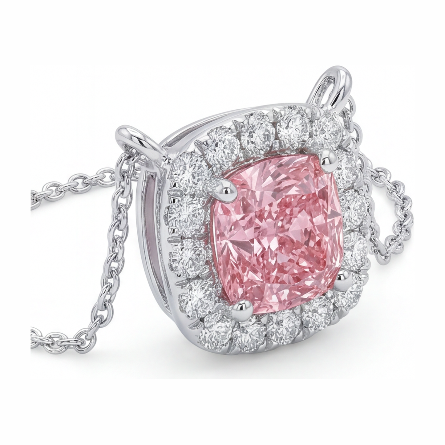 Halskette mit rosa Diamant, 3,75 Karat, im Labor gezüchtet, Halo-Anhänger im Kissenschliff, 14 Karat Weißgold