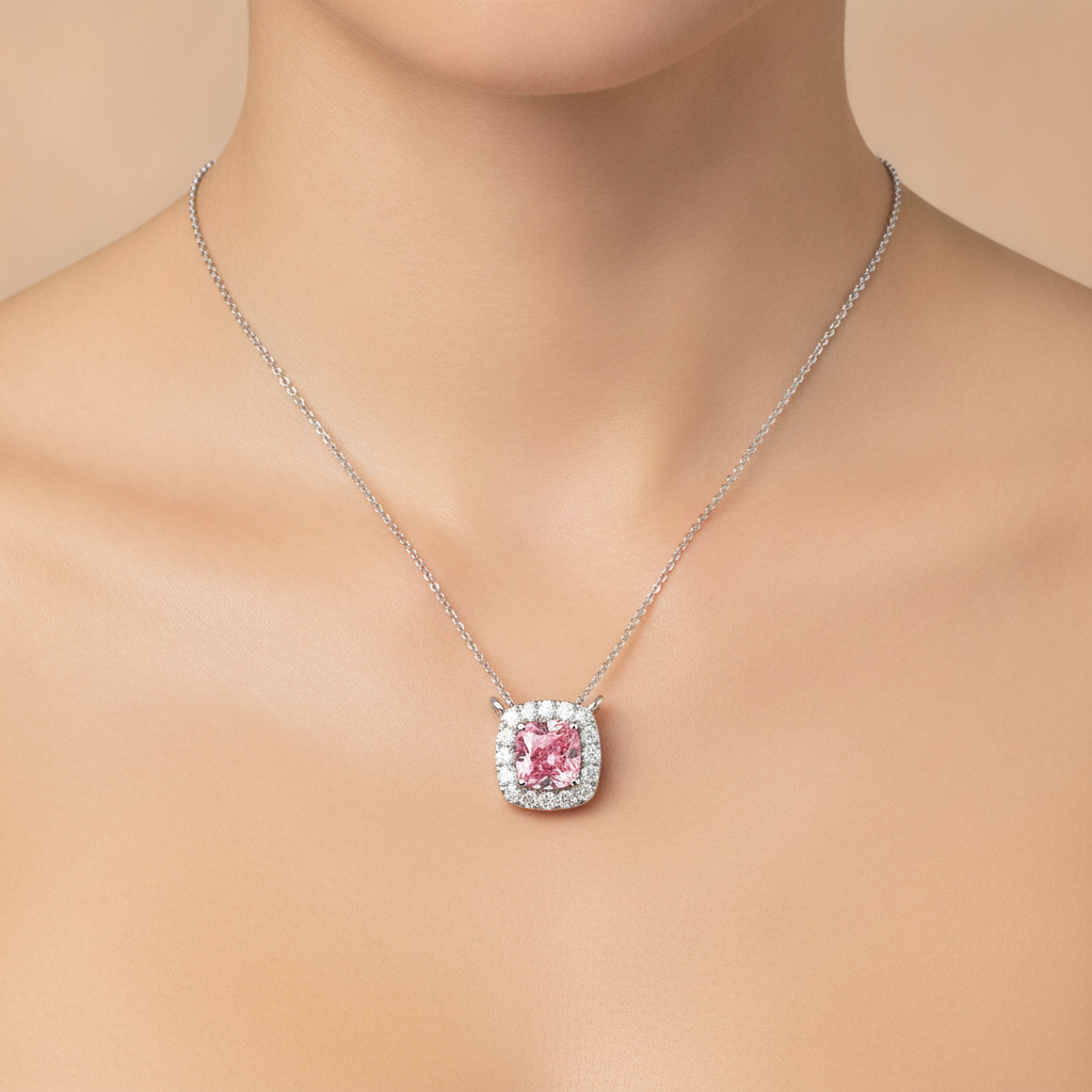 Halskette mit rosa Diamant, 3,75 Karat, im Labor gezüchtet, Halo-Anhänger im Kissenschliff, 14 Karat Weißgold