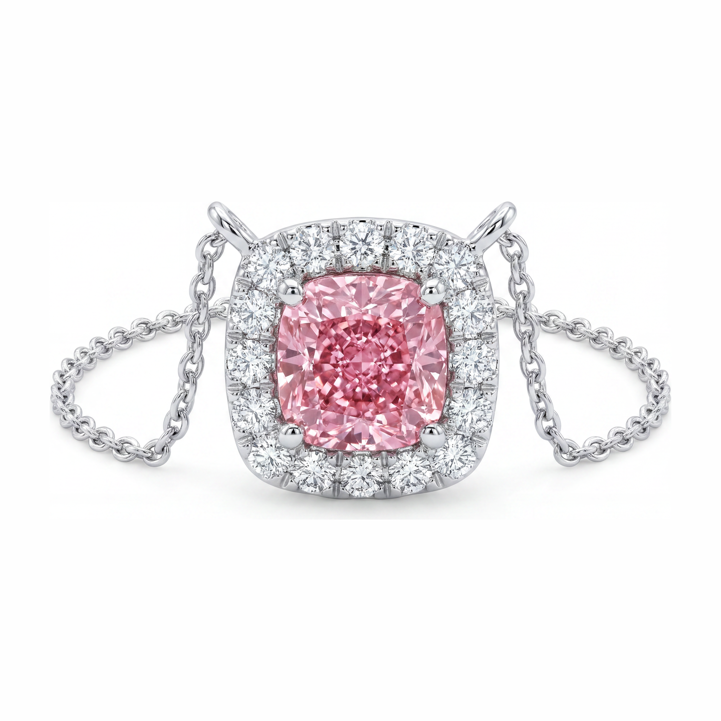 Halskette mit rosa Diamant, 3,75 Karat, im Labor gezüchtet, Halo-Anhänger im Kissenschliff, 14 Karat Weißgold