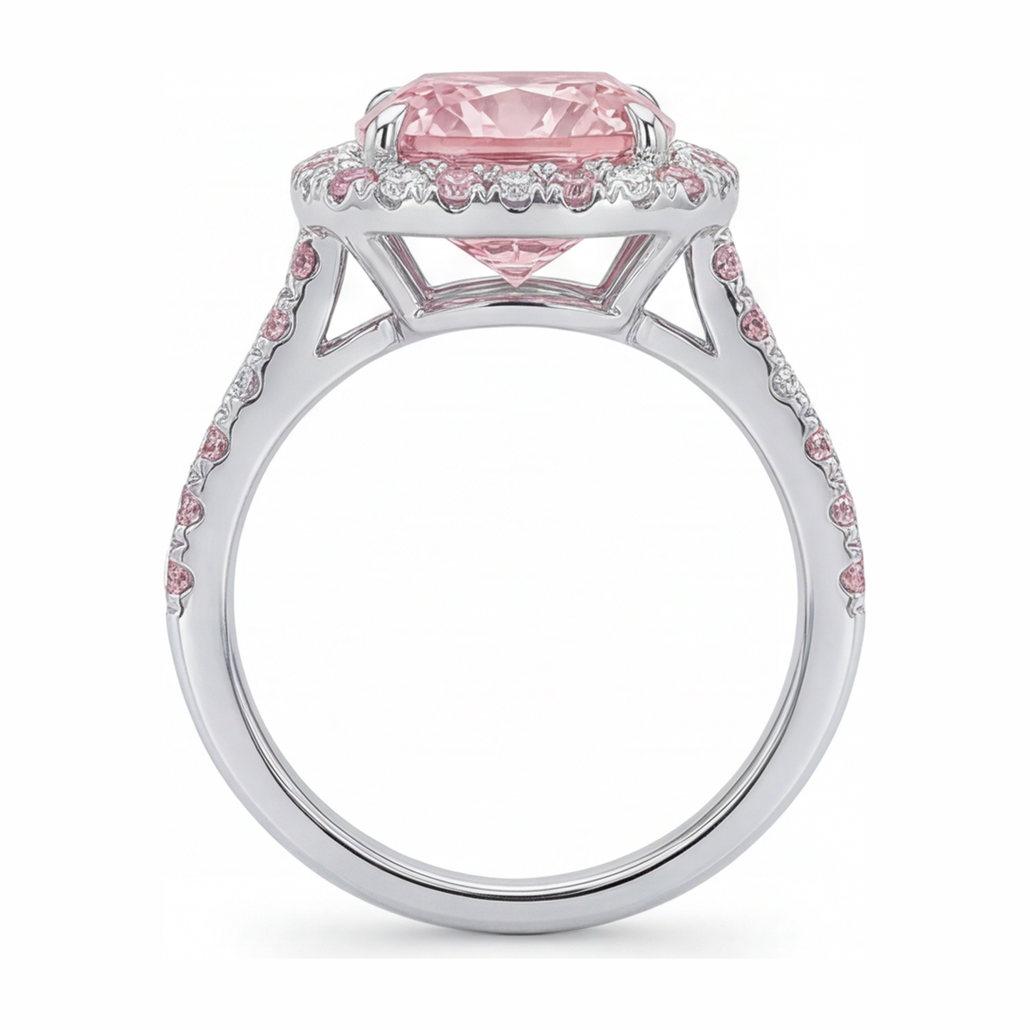 Im Labor gezüchteter rosa Diamant, 3,75 Karat Halo-Ring im Kissenschliff, 14 Karat Weißgold