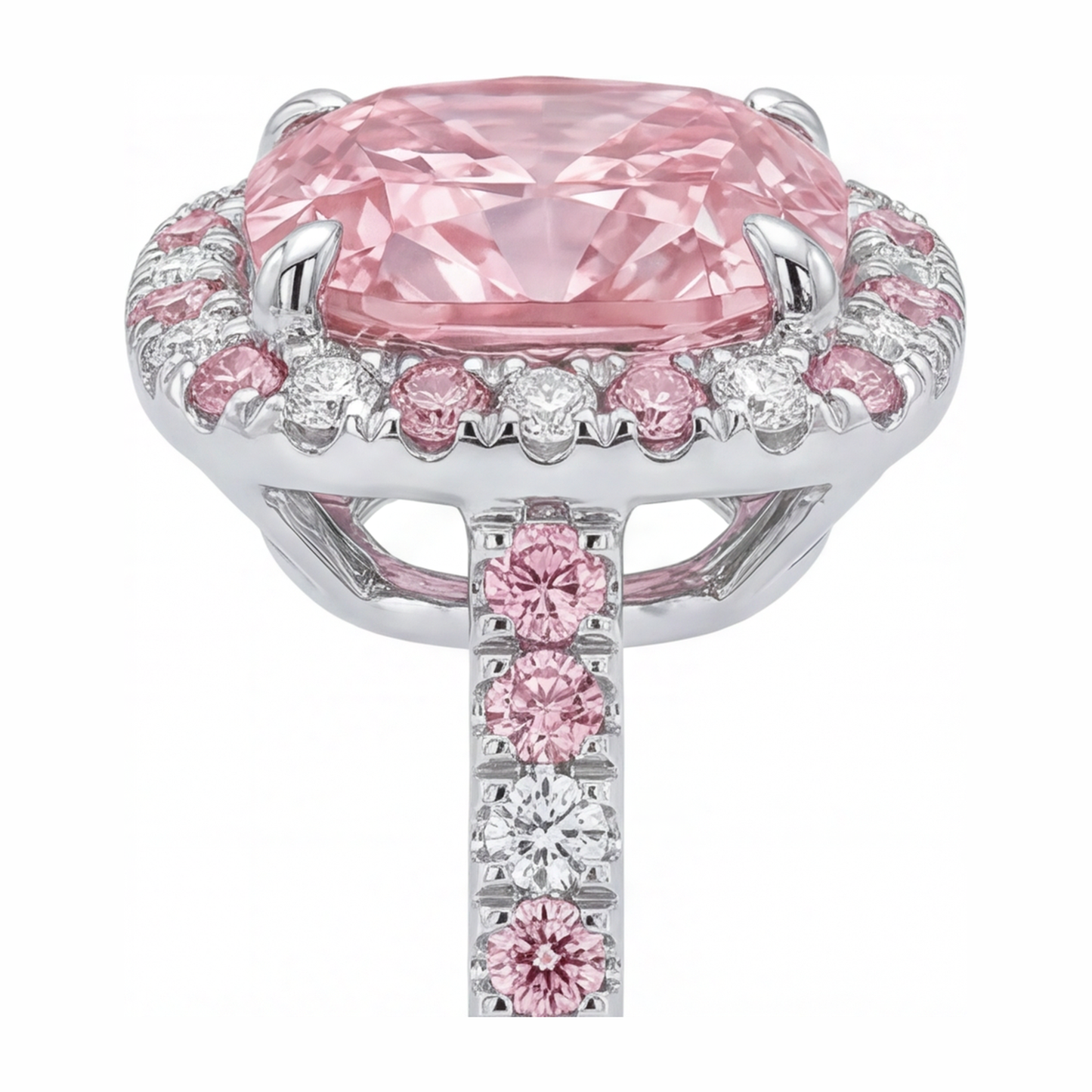 Im Labor gezüchteter rosa Diamant, 3,75 Karat Halo-Ring im Kissenschliff, 14 Karat Weißgold