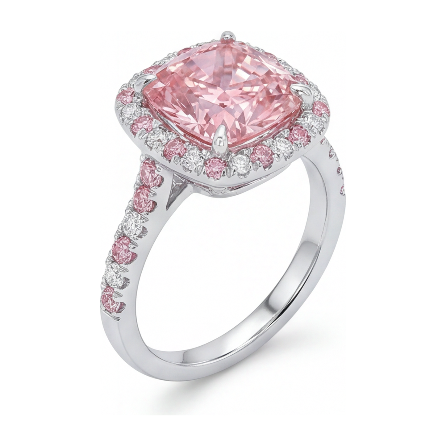 Im Labor gezüchteter rosa Diamant, 3,75 Karat Halo-Ring im Kissenschliff, 14 Karat Weißgold