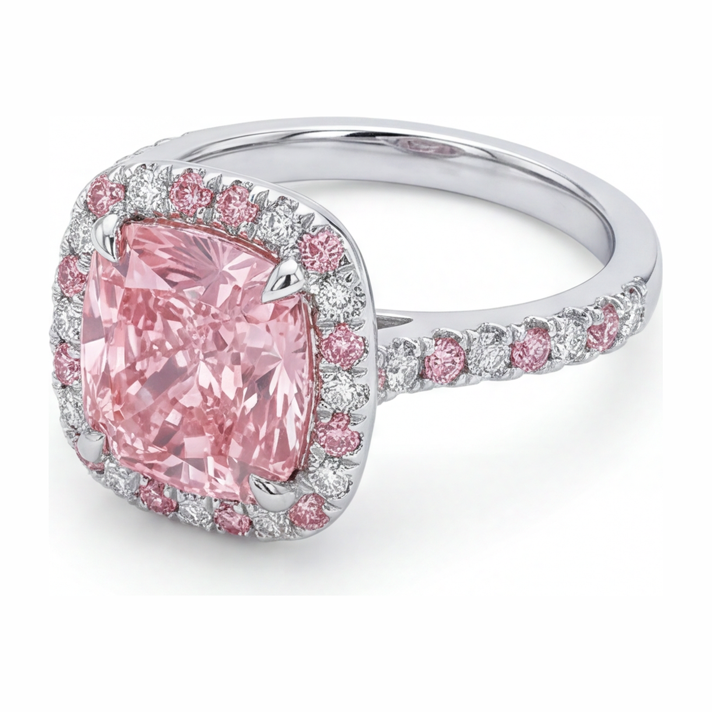 Im Labor gezüchteter rosa Diamant, 3,75 Karat Halo-Ring im Kissenschliff, 14 Karat Weißgold
