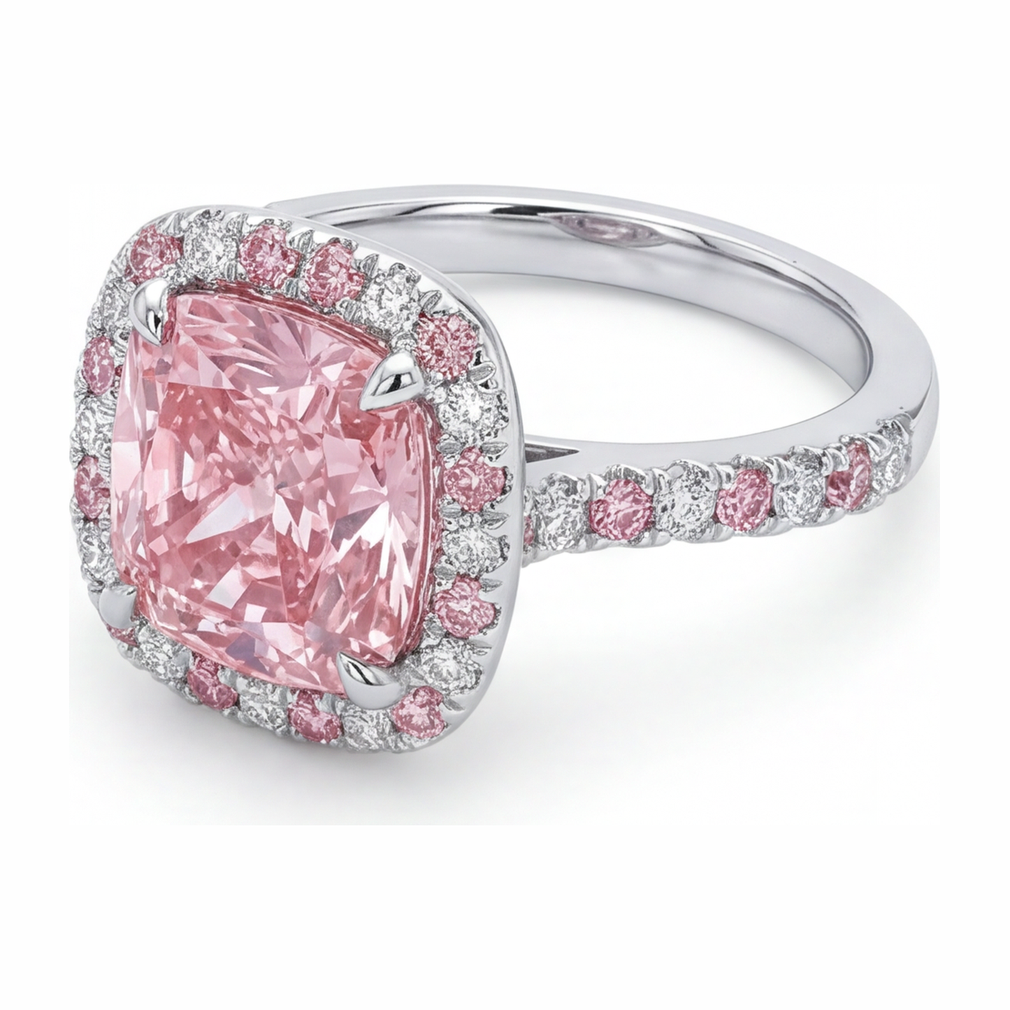 Im Labor gezüchteter rosa Diamant, 3,75 Karat Halo-Ring im Kissenschliff, 14 Karat Weißgold