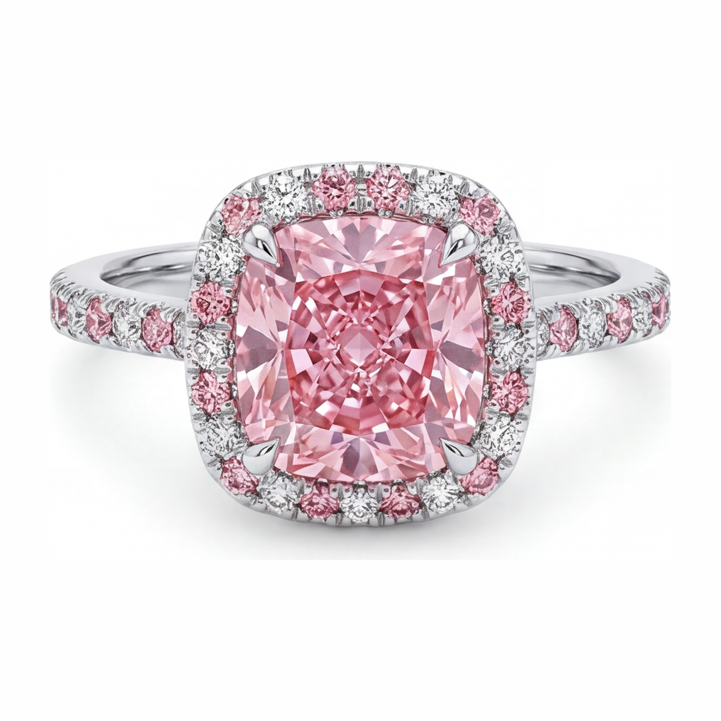 Im Labor gezüchteter rosa Diamant, 3,75 Karat Halo-Ring im Kissenschliff, 14 Karat Weißgold
