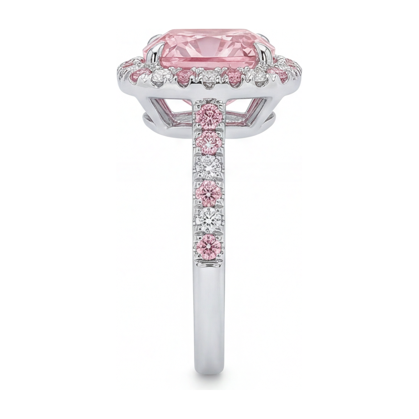 Im Labor gezüchteter rosa Diamant, 3,75 Karat Halo-Ring im Kissenschliff, 14 Karat Weißgold