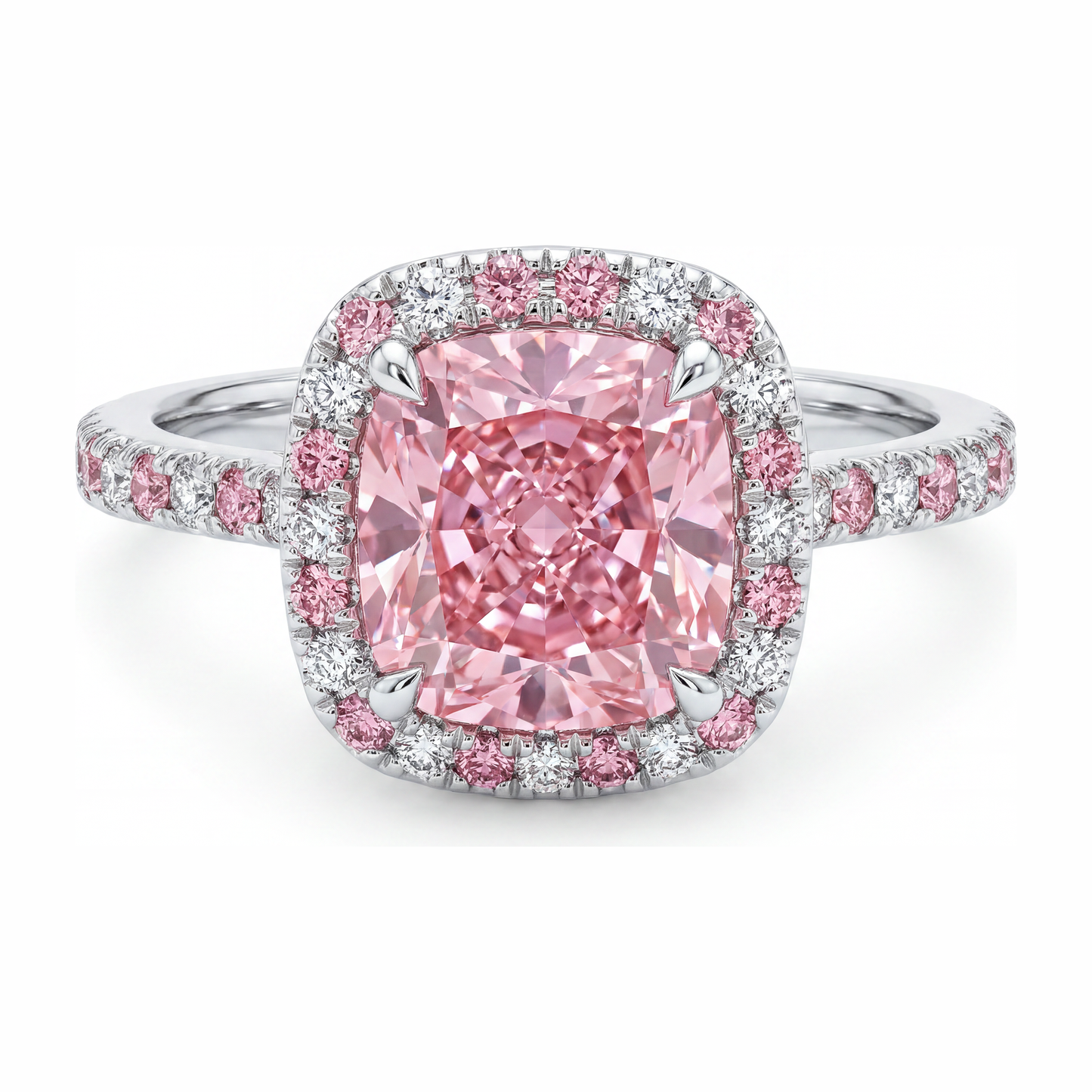 Im Labor gezüchteter rosa Diamant, 3,75 Karat Halo-Ring im Kissenschliff, 14 Karat Weißgold
