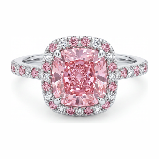Im Labor gezüchteter rosa Diamant, 3,75 Karat Halo-Ring im Kissenschliff, 14 Karat Weißgold