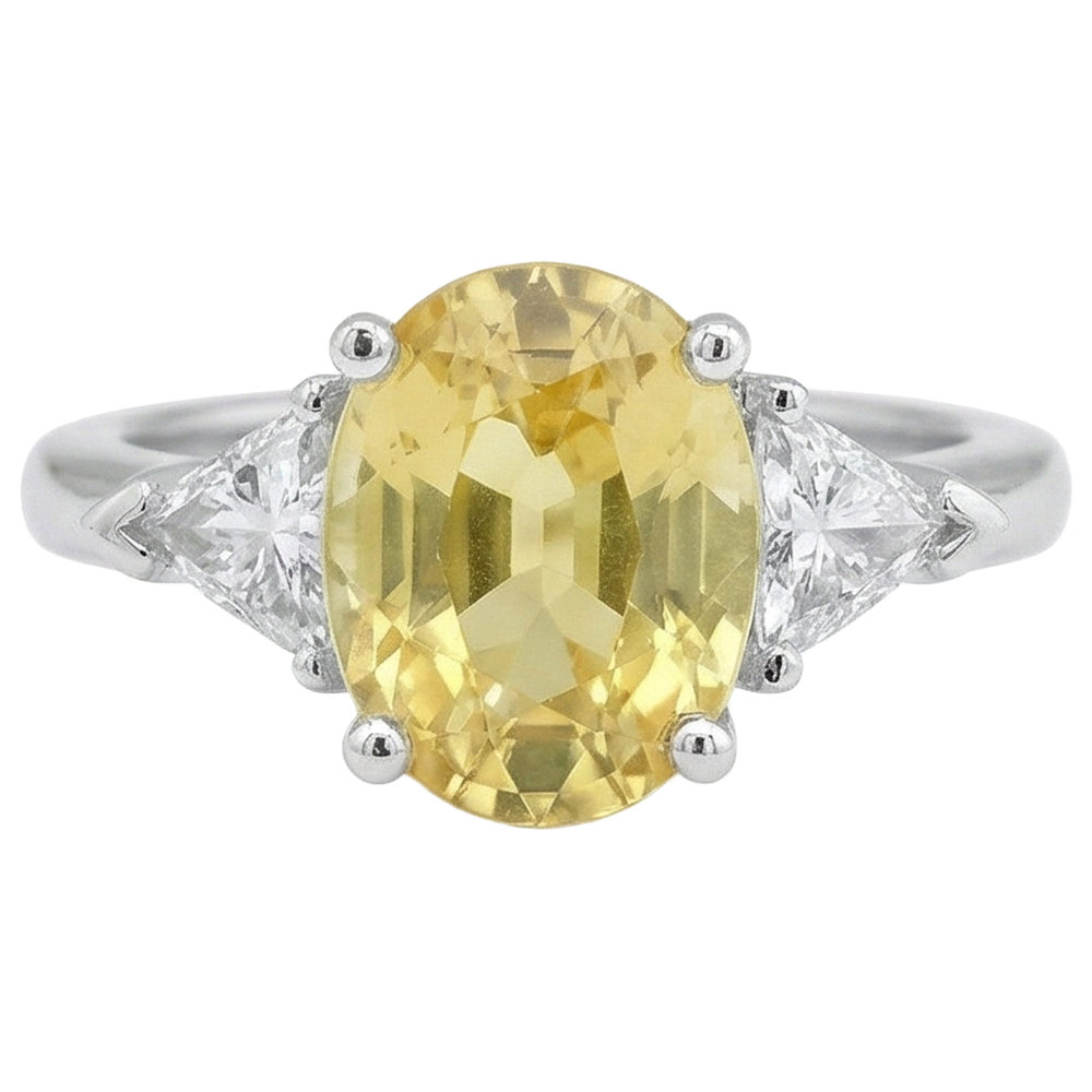3.75 ct Gelber Saphir und Aus der Erde Abgebauter Natürlicher Diamanten 3 Steine Ring Weißgold 14K