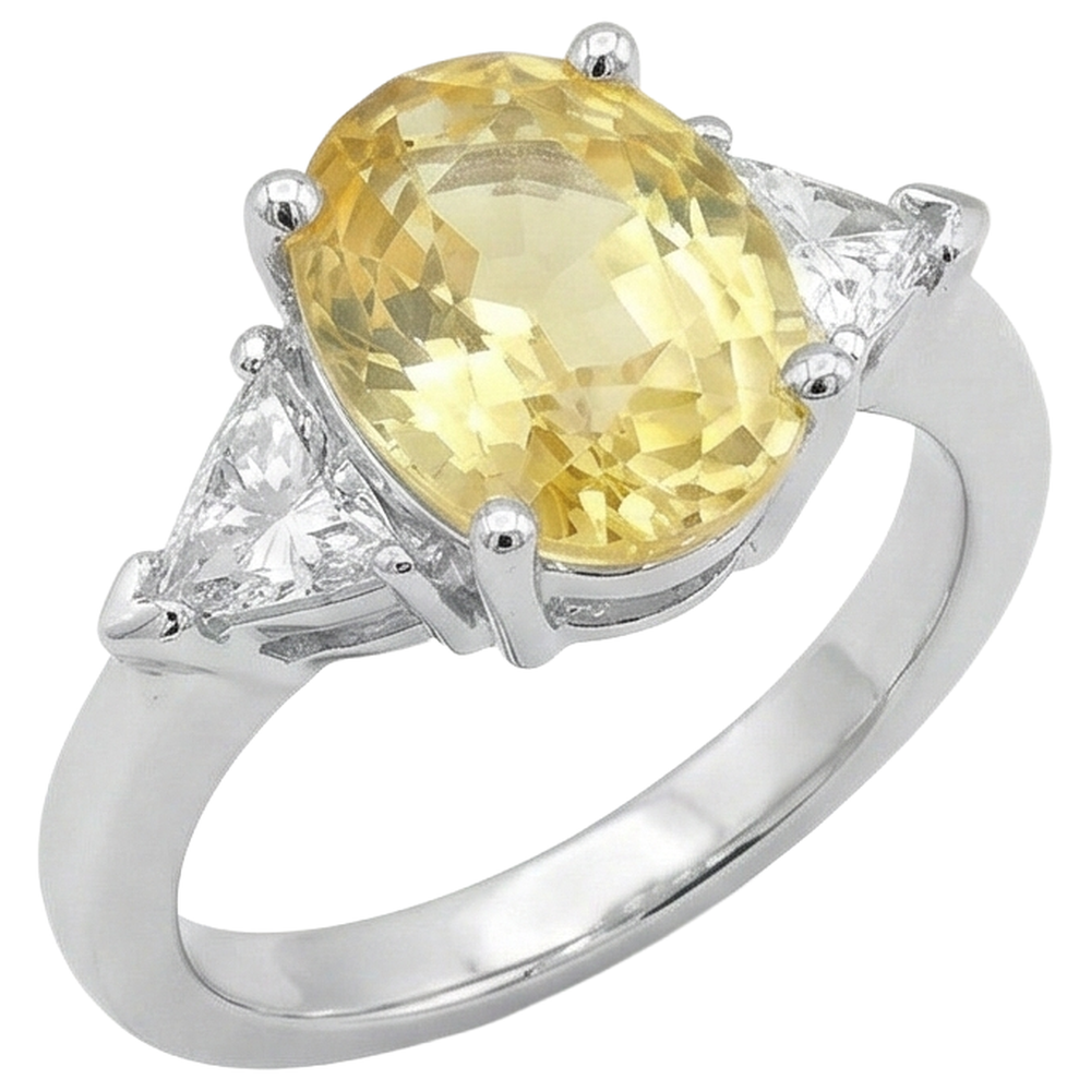 3.75 ct Gelber Saphir und Aus der Erde Abgebauter Natürlicher Diamanten 3 Steine Ring Weißgold 14K