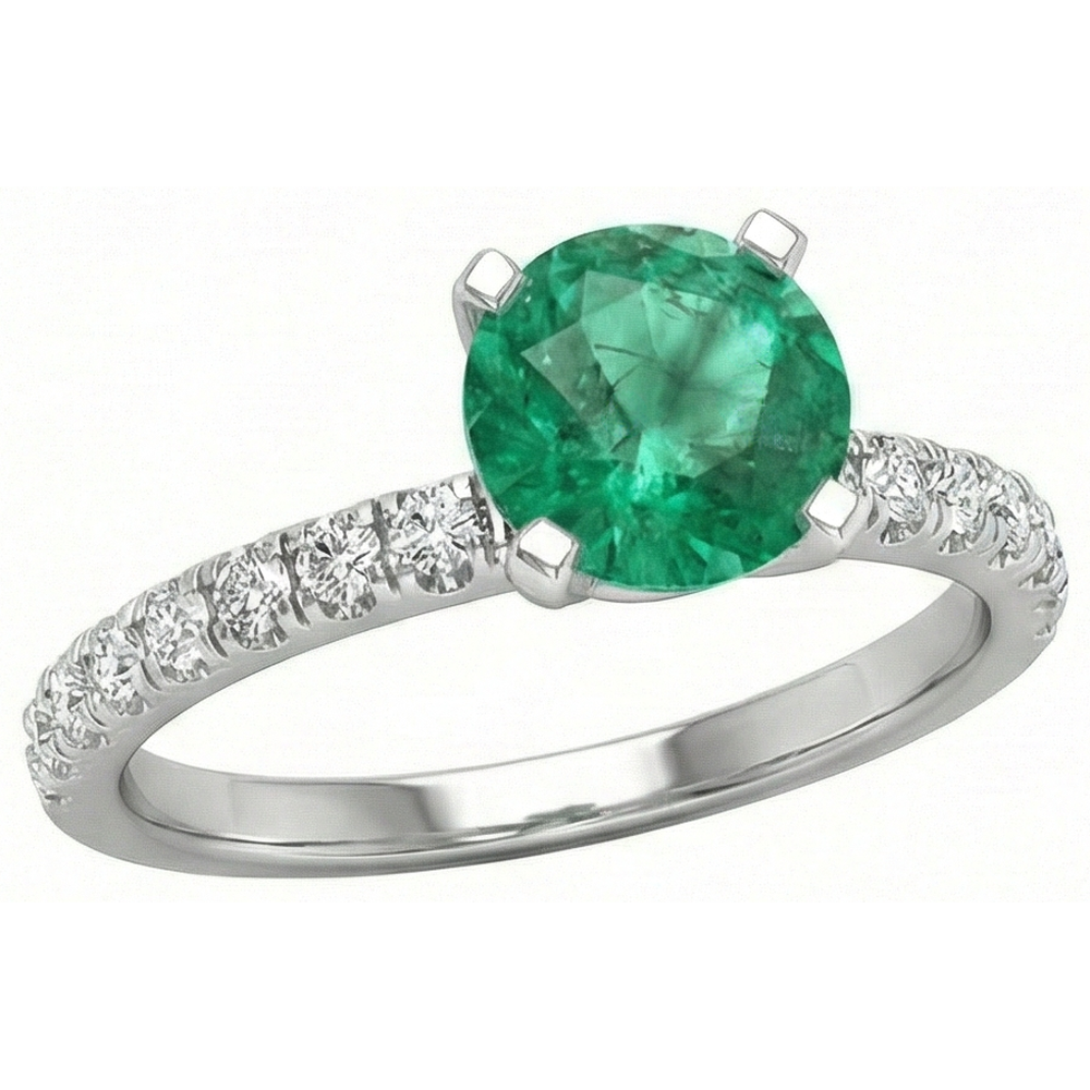 3.80 Karat Grüner Smaragd und Aus der Erde Abgebauter Natürlicher Diamanten Ring Weißgold 14K