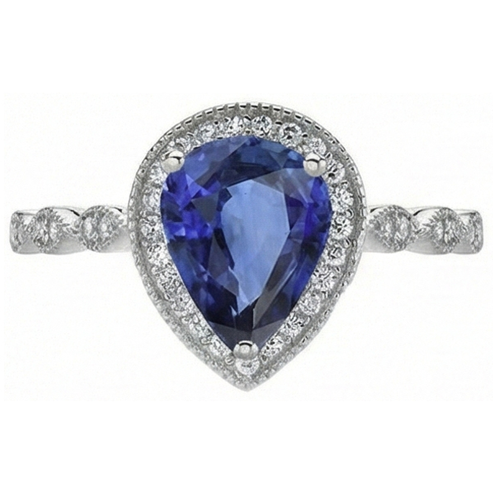 Birnen-Schliff Blauer Saphir Ring in 14 Karat Weißgold – Frontansicht