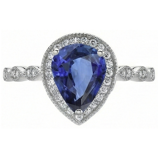 Birnen-Schliff Blauer Saphir Ring in 14 Karat Weißgold – Frontansicht